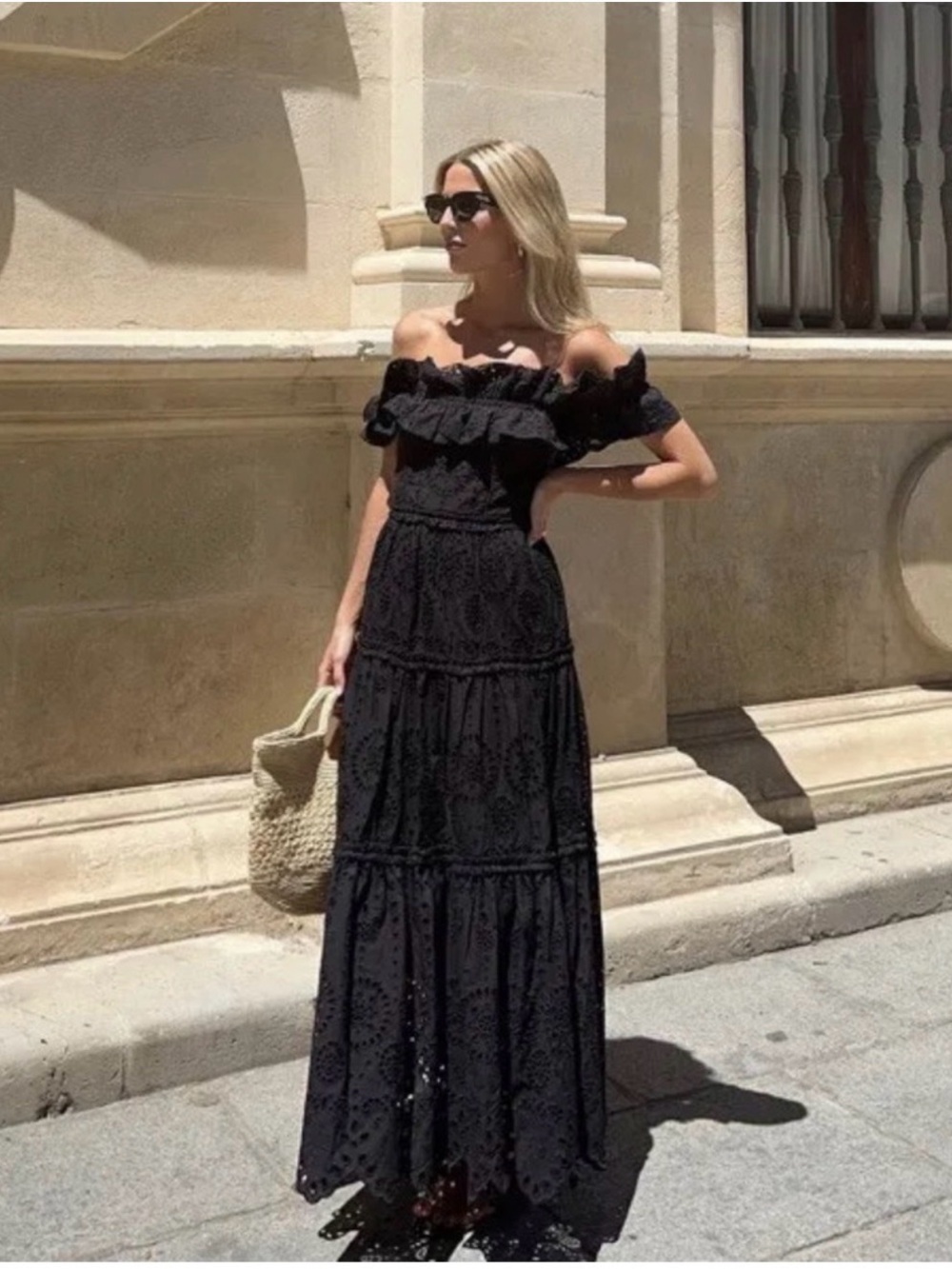 Zara Black Off-Shoulder Eyelet Midi Dress
